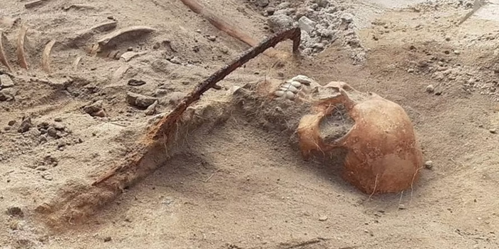 Remains of vampire discovered pinned down with sickle across throat