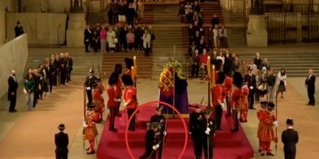 Queen’s guard collapses and falls from coffin podium