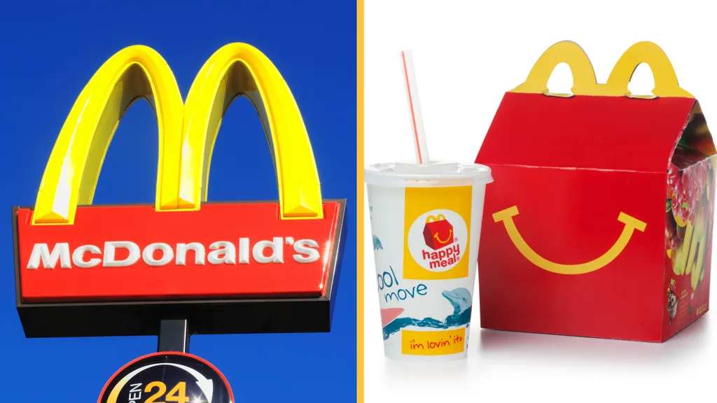 Left: McDonald's yellow 'M' sign, right: McDonald's Happy Meal