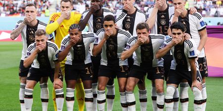 Germany players cover their mouths during team photo in FIFA protest