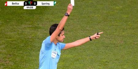Referee shows white card during Sporting Lisbon vs Benfica
