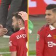 Casemiro appears to take issue Bruno Fernandes during Carabao Cup celebrations