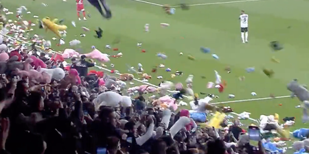 Besiktas and Antalyaspor fans throw stuffed toys onto pitch for earthquake victims