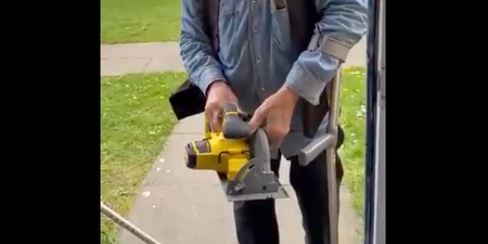 Shocking moment landlord cuts through door with circular saw and lunges at tenant over rent row