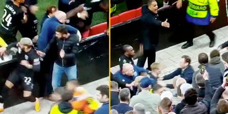 West Ham players clash with hooligans as they dive into the crowd to protect loved ones