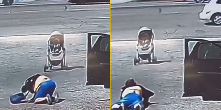 Heart-stopping moment stroller with baby in it rolls towards highway after mum falls over – twice