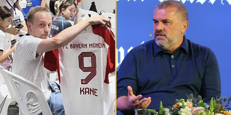 Ange Postecoglou fumes at reporter after he holds up Bayern Munich shirt with Harry Kane’s name on the back