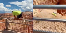 Man jumps over barrier at 800ft canyon for prank then slips in terrifying video