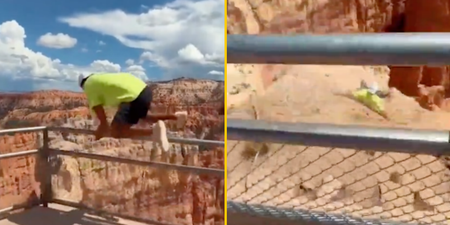Man jumps over barrier at 800ft canyon for prank then slips in terrifying video