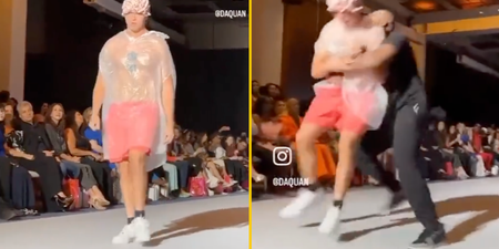 Imposter does catwalk in trash bag at New York Fashion Week and no one notices until security intervene