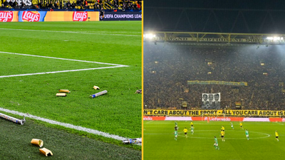 Borussia Dortmund fans display anti-FIFA banner in second half of Champions League fixture