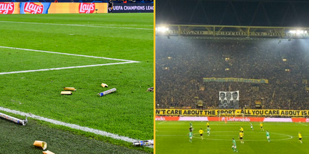 Borussia Dortmund fans display anti-FIFA banner in second half of Champions League fixture