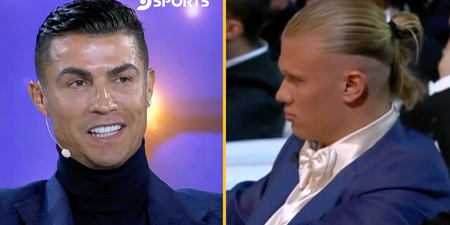Erling Haaland looks on unimpressed as Cristiano Ronaldo claims he is ‘best goalscorer’