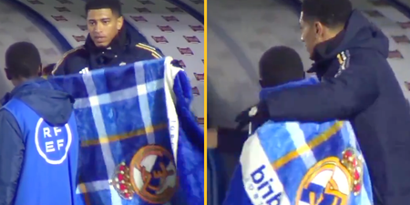 Heartwarming moment Jude Bellingham shares his Real Madrid blanket with ball boy