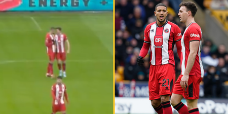Sheffield United’s Vinícius Souza and Jack Robinson clash with each other after Wolves goal