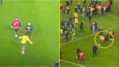 Michy Batshuayi unleashes ‘spinning kick’ on supporters as fans attack players in chaotic game