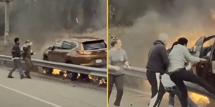 Hero bystanders rescue man from burning vehicle