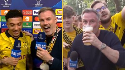 ‘Smashed’ Jamie Carragher interviews Jadon Sancho after drinking ‘8 pints in Yellow Wall’